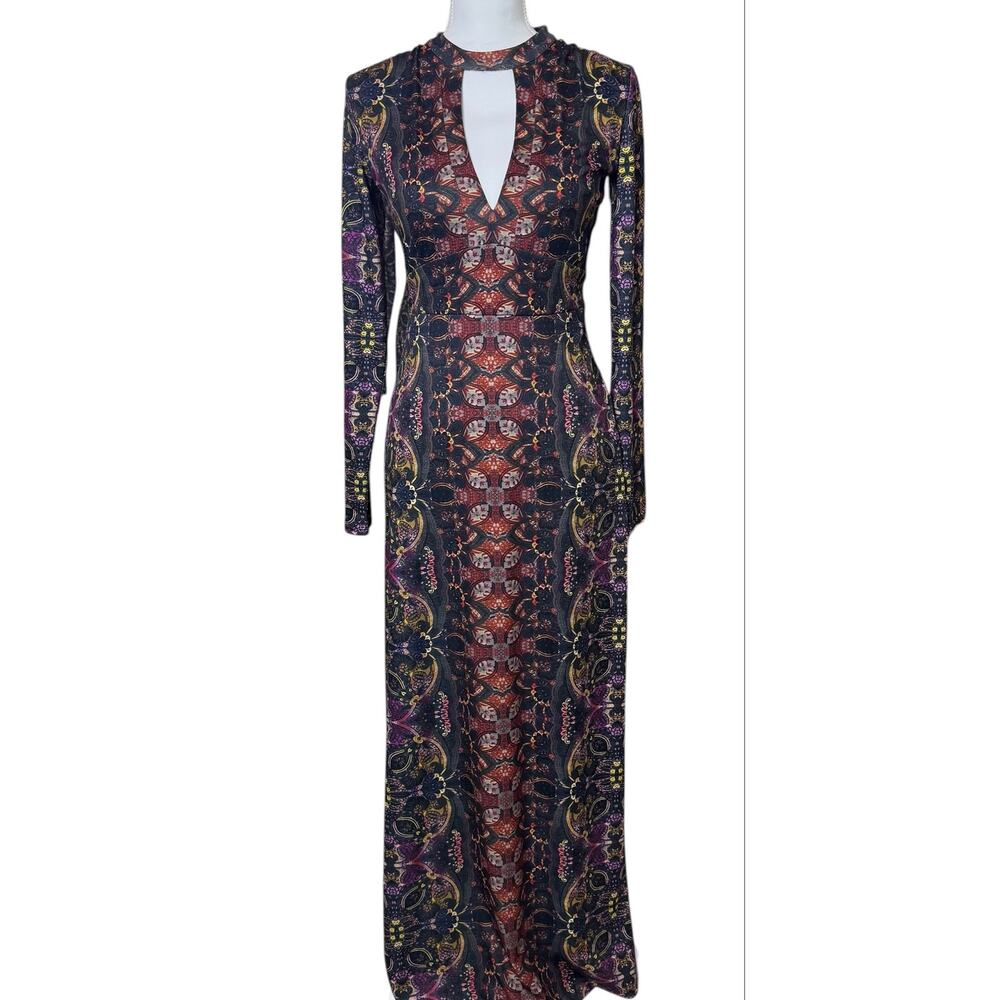 Free People Maxi Dress Printed Keyhole Long Sleeve Boho Bodycon Size S
